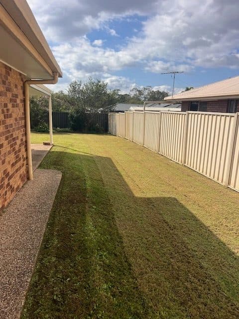 Freshly mown lawn with mowing stripes beside a house and fence